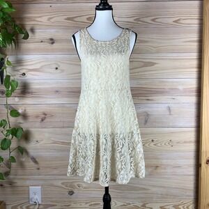 Free People Lace Mini Dress‎ Womens Small Cream Fit Flare Sleeveless Coquette